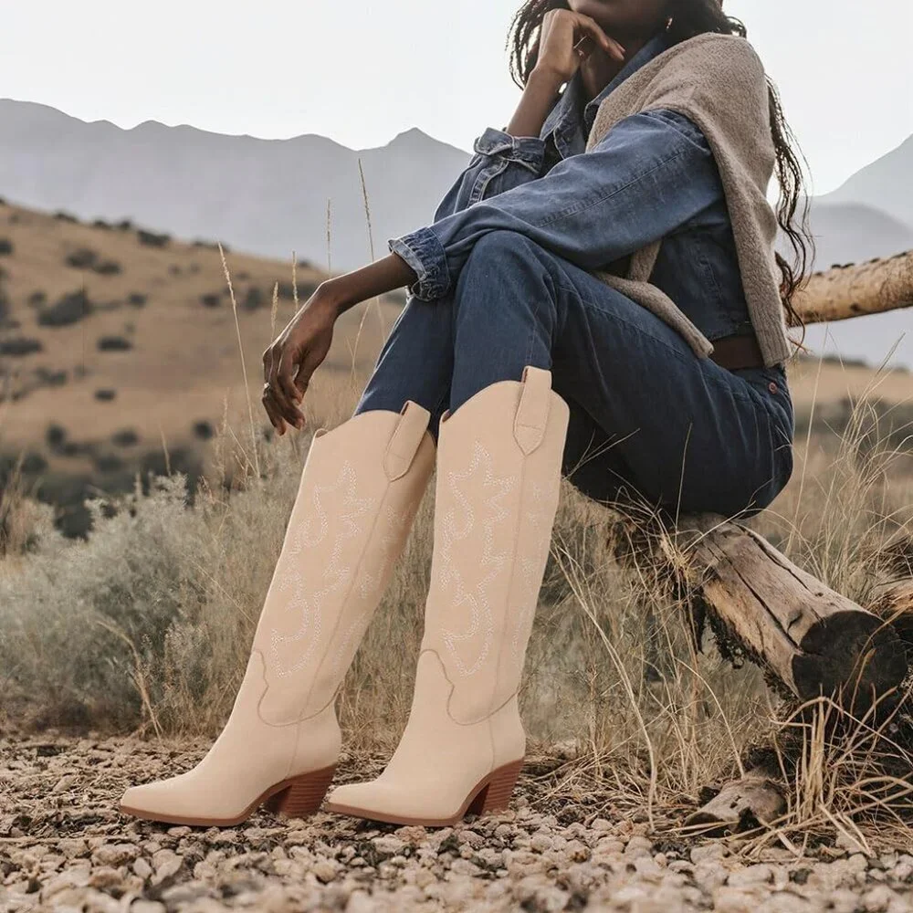 Women Beige Polyurethane Embroidered Chunky Stacked Heel Knee High Western Boots